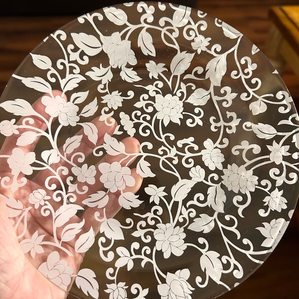 Crate & Barrel “Emma” Clear Glass Dessert Plates with White Floral Pattern - Picture 2 of 2